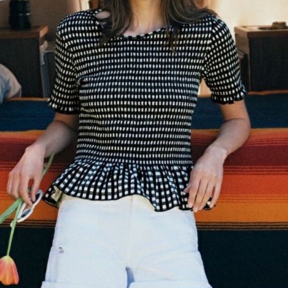 Scotch & Soda NWT Smocked Peplum Top Black & White Checkered - Picture 2 of 13